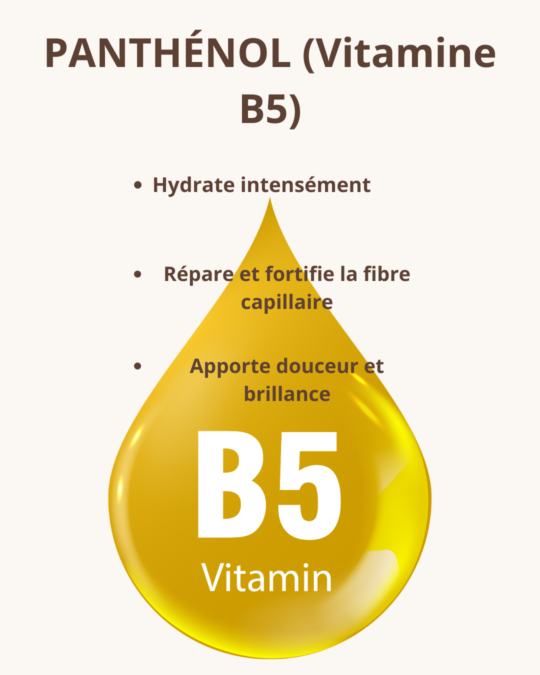 “Panthénol vitamine B5, actif capillaire qui hydrate, répare et renforce les cheveux”
