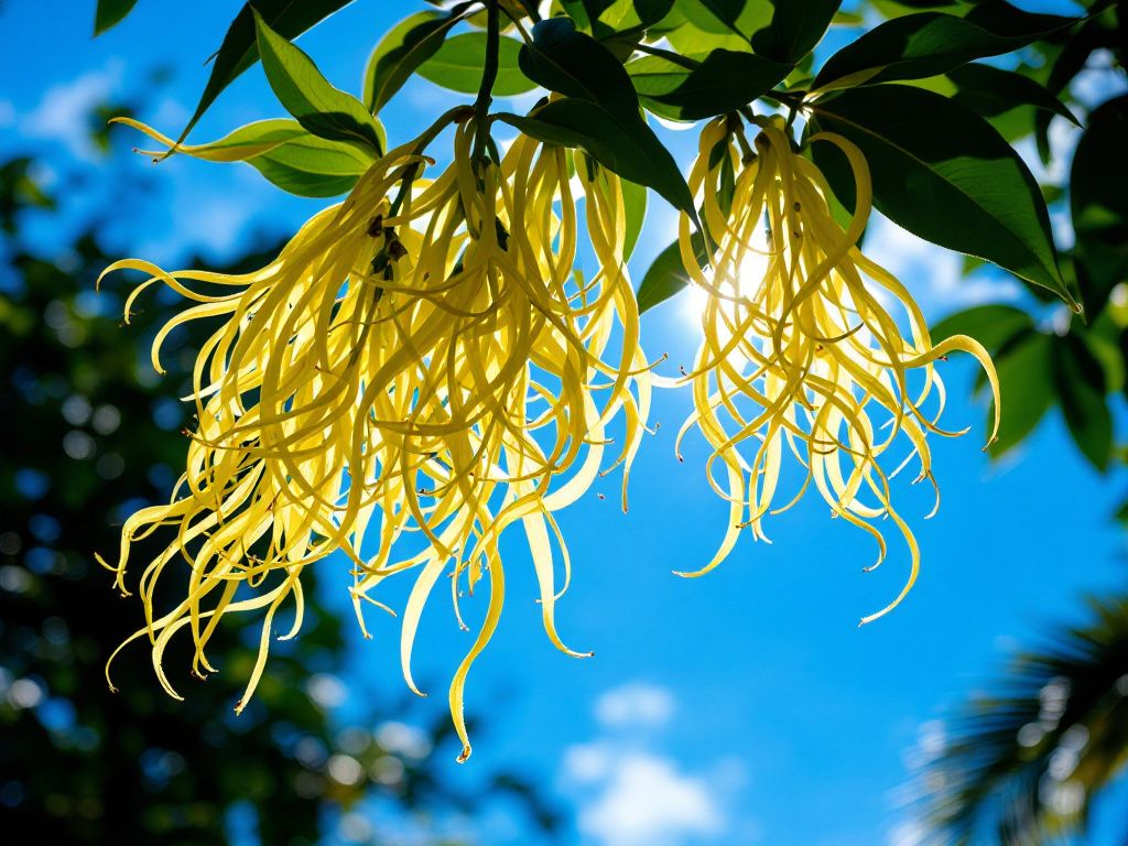 “Fleurs d’ylang-ylang jaunes en étoile, ingrédient naturel pour équilibrer le cuir chevelu et nourrir les cheveux secs et bouclés.”
