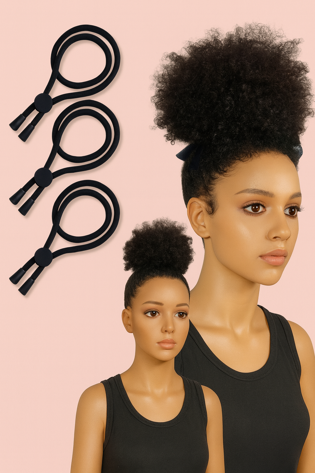 Élastiques réglables noirs pour chignons afro, présentés avec mannequin aux cheveux crépus attachés en bun haut et bas