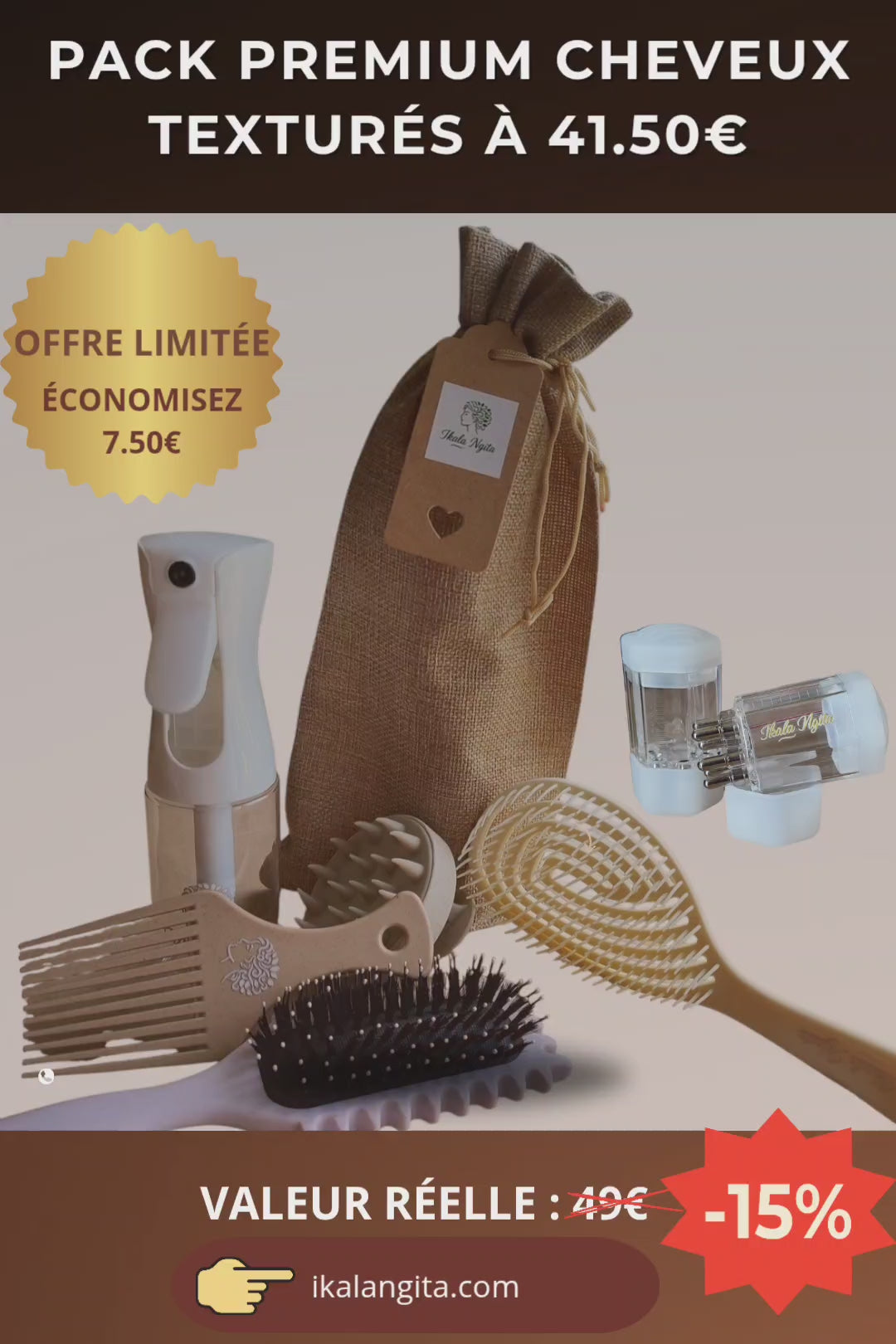 "Pack Premium Ikala Ngita : 6 accessoires essentiels pour cheveux bouclés, frisés et crépus. Routine complète à 41,50 € au lieu de 49 €."