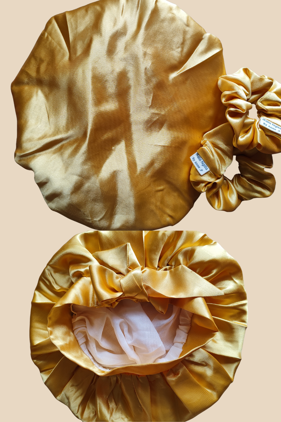 Bonnet de nuit Ikala Ngita en satin doré avec chouchous assortis – fabrication artisanale française, tissus revalorisés haut de gamm
