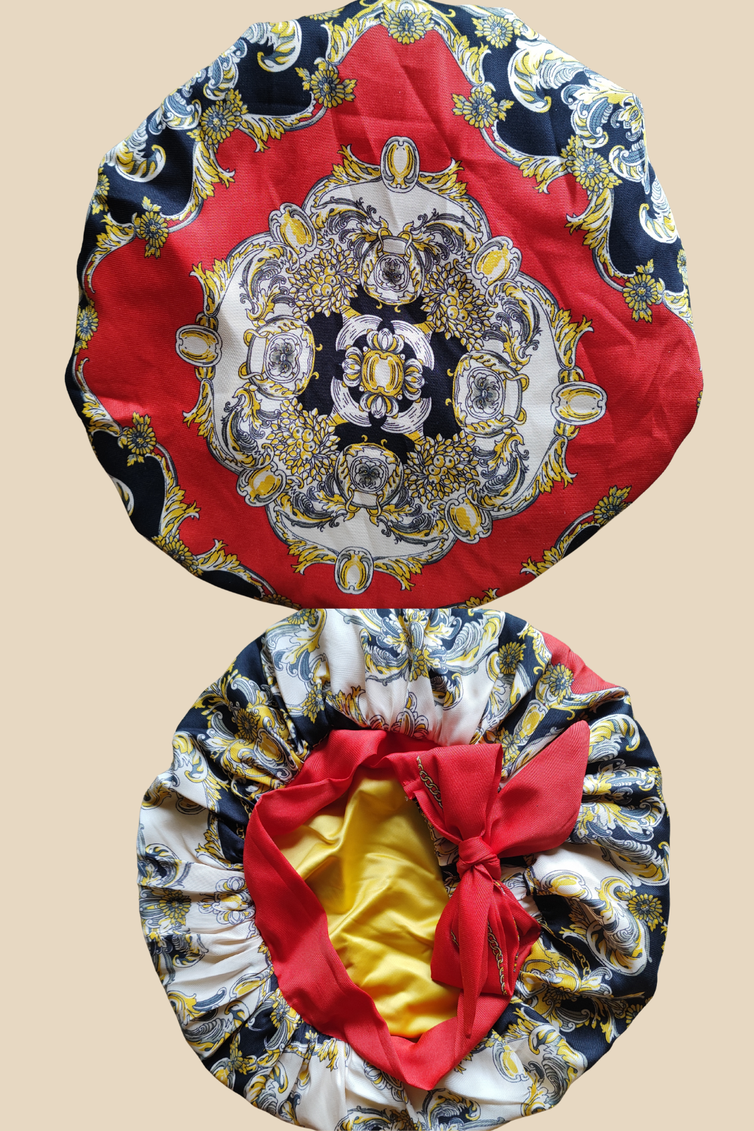 Bonnet de nuit Ikala Ngita fait main, tissu revalorisé à motifs baroques rouges et dorés – bonnet élégant et protecteur pour cheveux