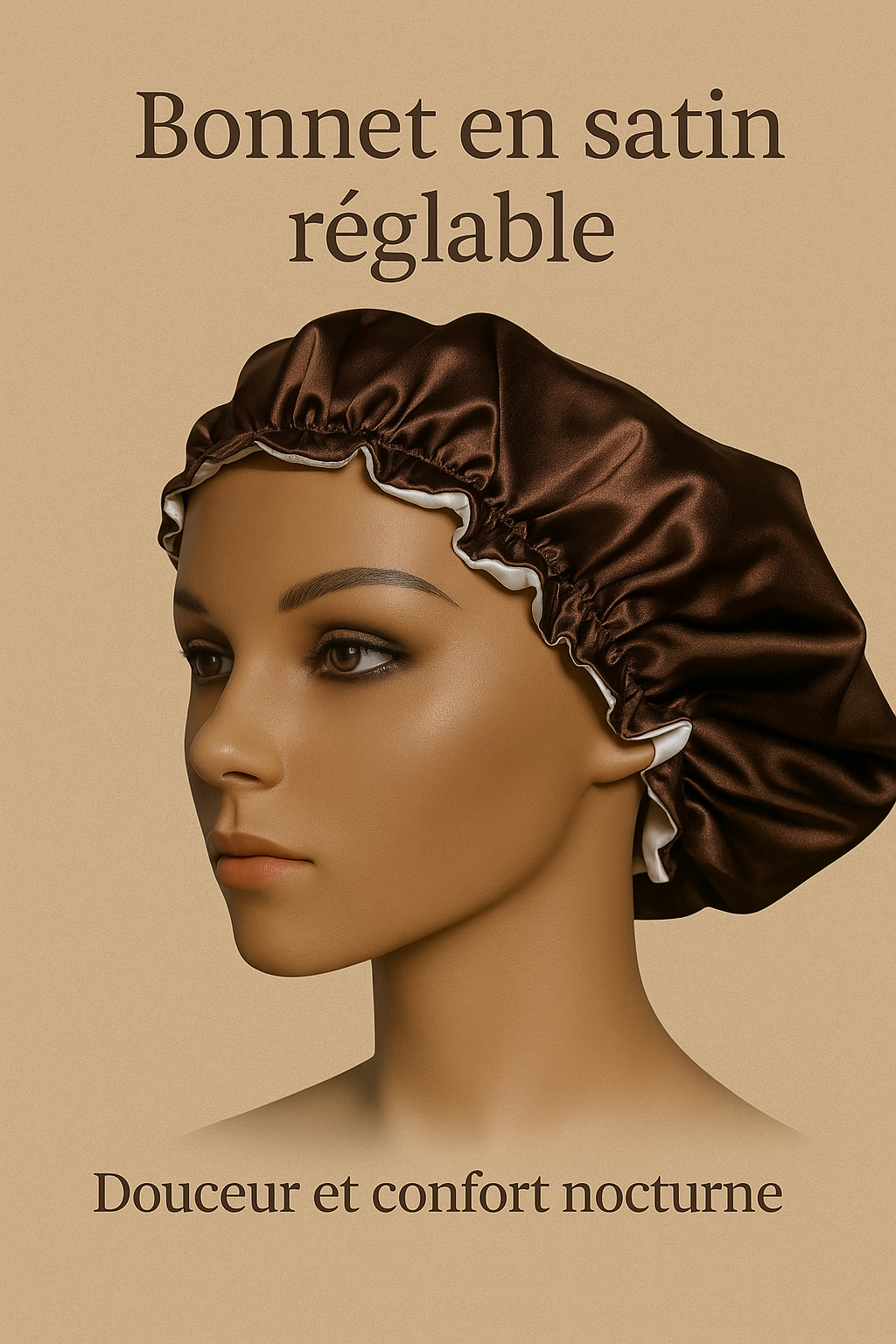"Bonnet de nuit en satin réglable marron, confort et protection des cheveux pendant le sommeil