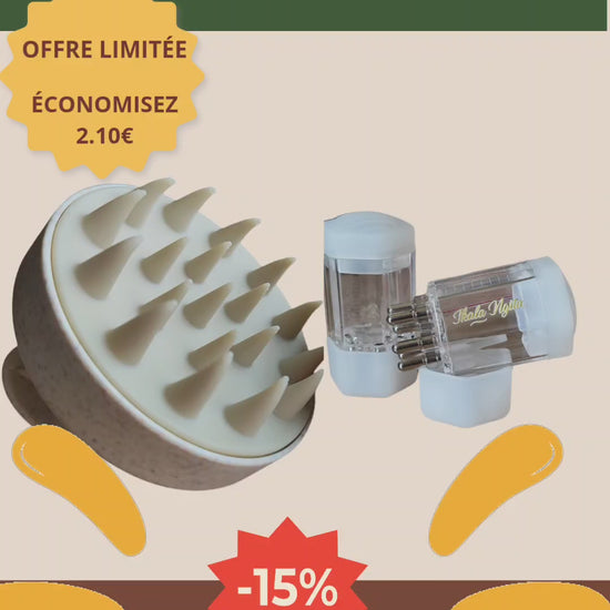 Mini rituel cheveux texturés : brosse massage cuir chevelu + applicateur sérum pour stimuler, nourrir et favoriser la pousse."