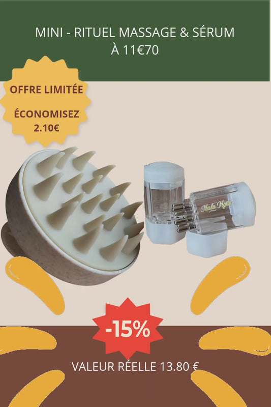 Mini rituel cheveux texturés : brosse massage cuir chevelu + applicateur sérum pour stimuler, nourrir et favoriser la pousse."