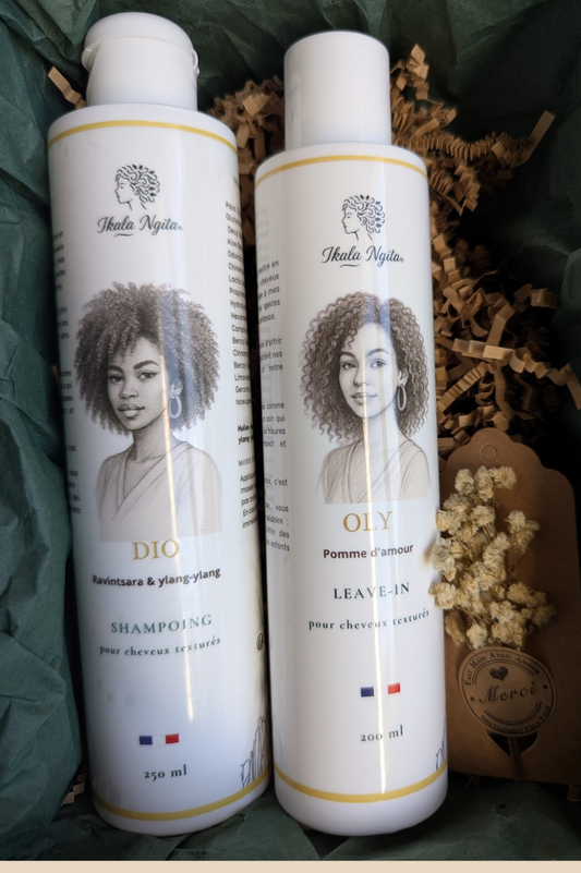 Duo Essentiel Ikala Ngita avec shampoing Dio et leave-in Oly pour cheveux texturés