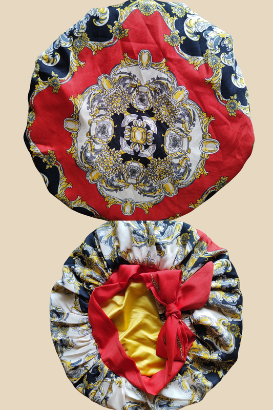 Bonnet de nuit Ikala Ngita fait main, tissu revalorisé à motifs baroques rouges et dorés – bonnet élégant et protecteur pour cheveux